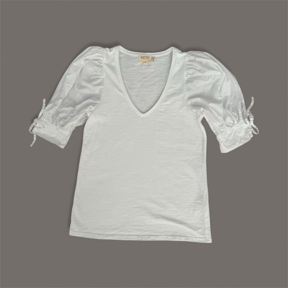 Nation LTD White 100% Cotton Puff Sleeve V-Neck Blouse—White, Size XS